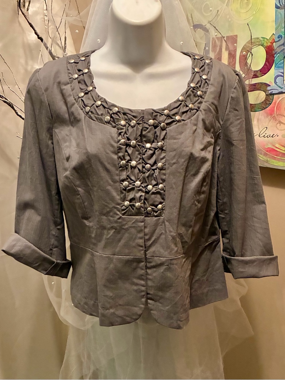 Cato Light Gray Textured Button-Front Blouse
